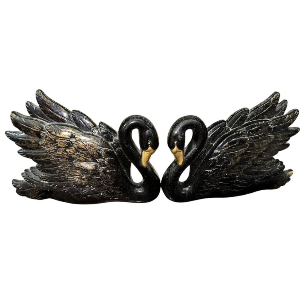 Vintage 1968 Miller Studio Black Chalkware Swans Set of 2